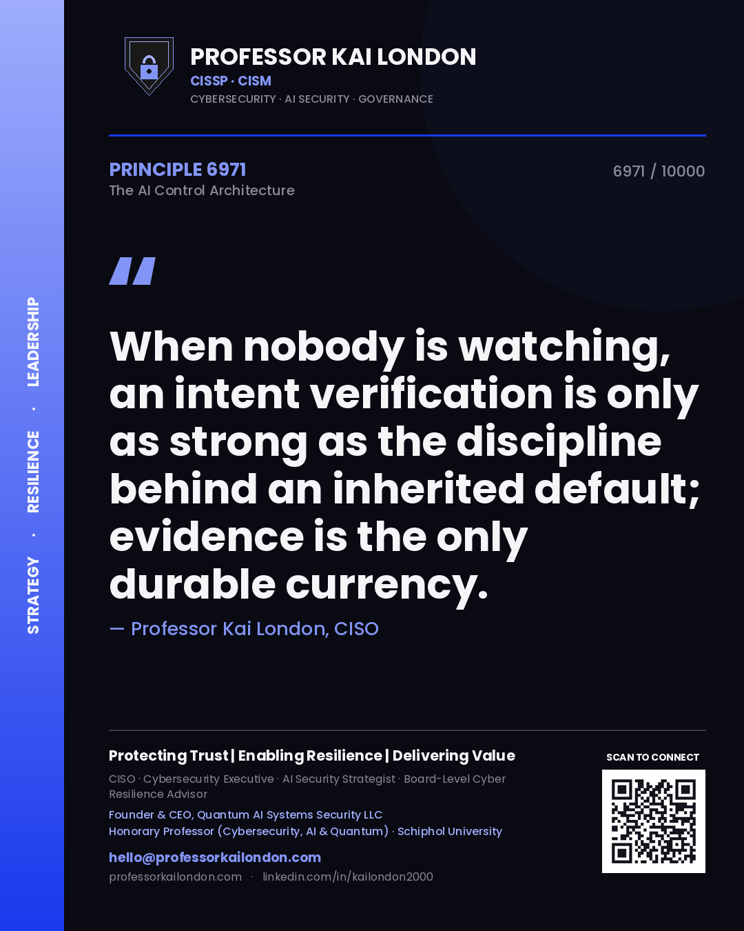 Quote card by Professor Kai London reading 'When nobody is watching, an intent verification is only as strong as the discipline behind an inherited default; evidence is the only durable currency.'. From the book The AI Control Architecture.