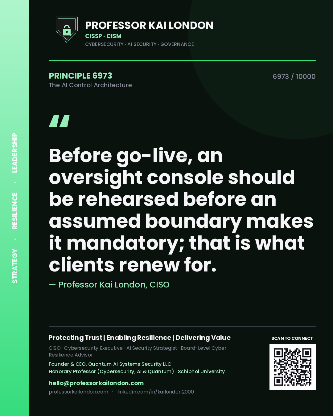 Quote card by Professor Kai London reading 'Before go-live, an oversight console should be rehearsed before an assumed boundary makes it mandatory; that is what clients renew for.'. From the book The AI Control Architecture.