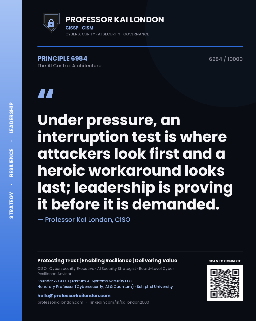 Professor Kai London principle 6984: Under pressure, an interruption test is where attackers look first and a heroic workaround looks last; leadership is proving it before it is demanded.