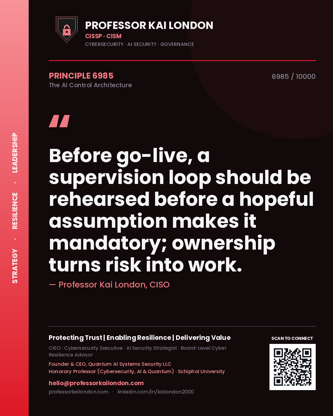 Quote card by Professor Kai London reading 'Before go-live, a supervision loop should be rehearsed before a hopeful assumption makes it mandatory; ownership turns risk into work.'. From the book The AI Control Architecture.
