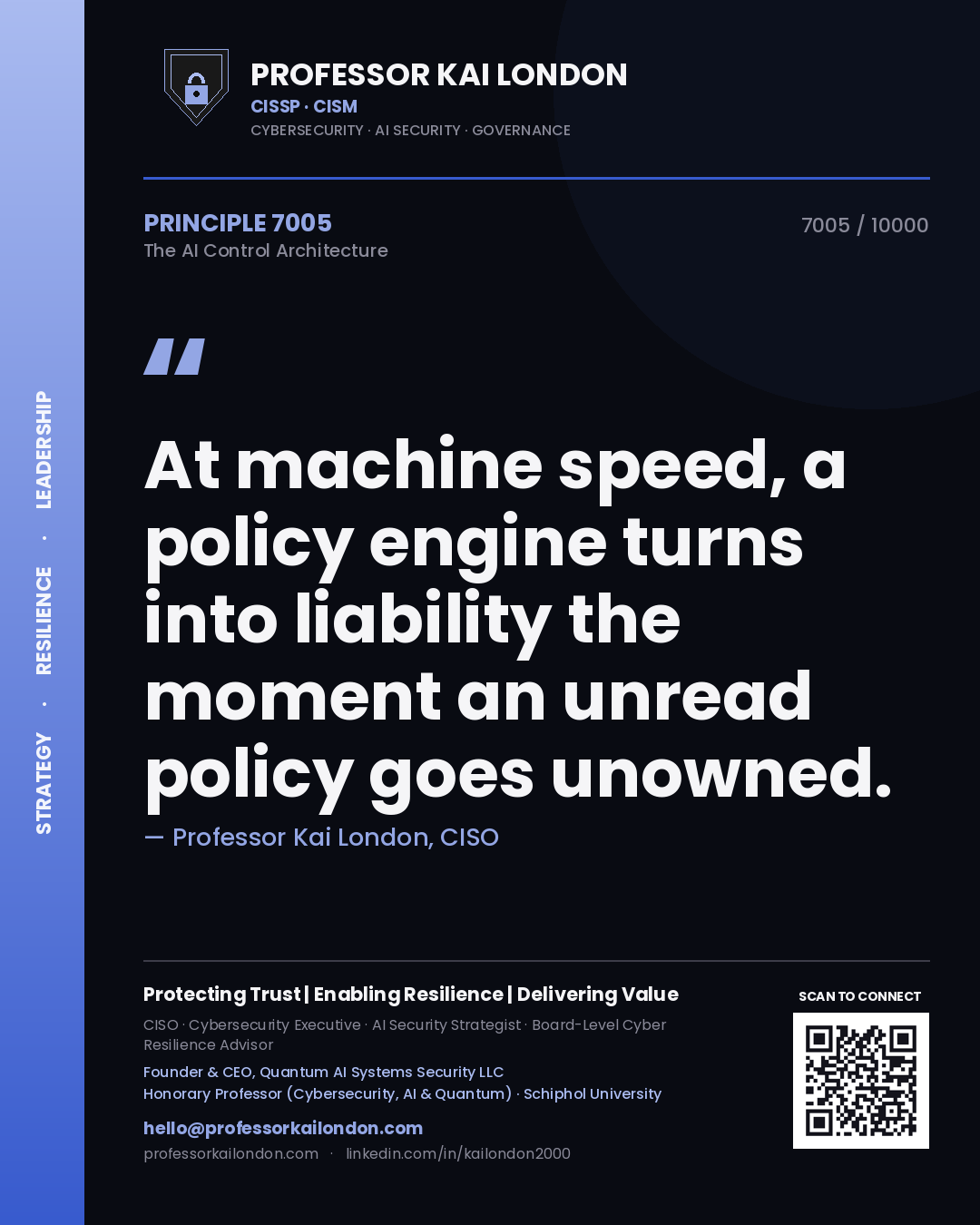 Professor Kai London principle 7005: At machine speed, a policy engine turns into liability the moment an unread policy goes unowned.