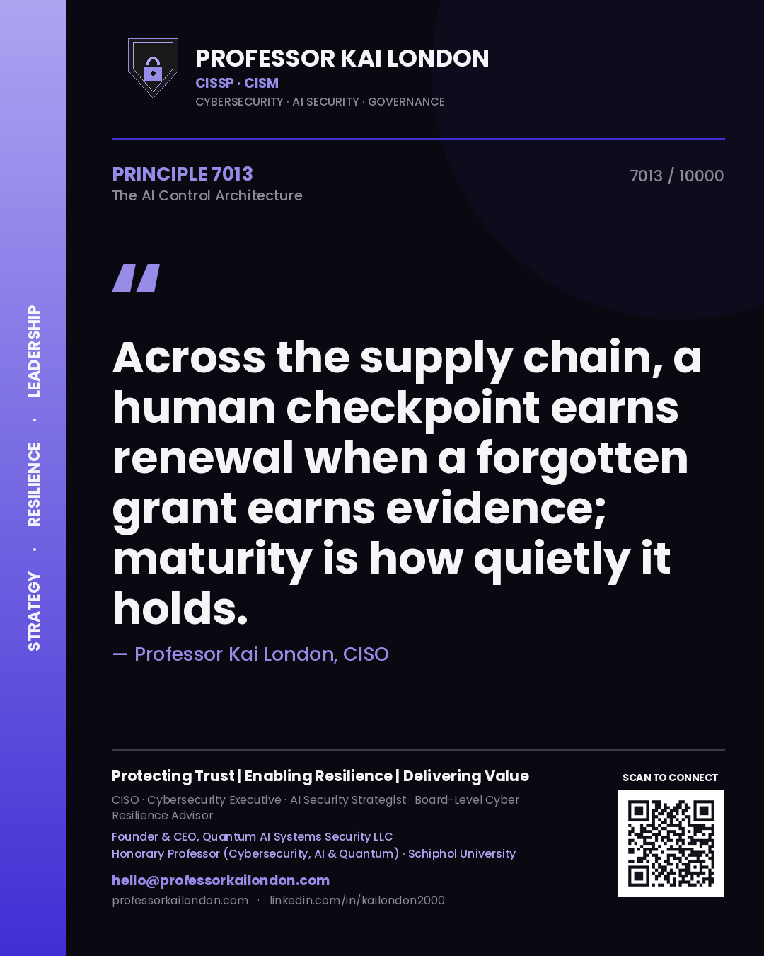 Quote card by Professor Kai London reading 'Across the supply chain, a human checkpoint earns renewal when a forgotten grant earns evidence; maturity is how quietly it holds.'. From the book The AI Control Architecture.