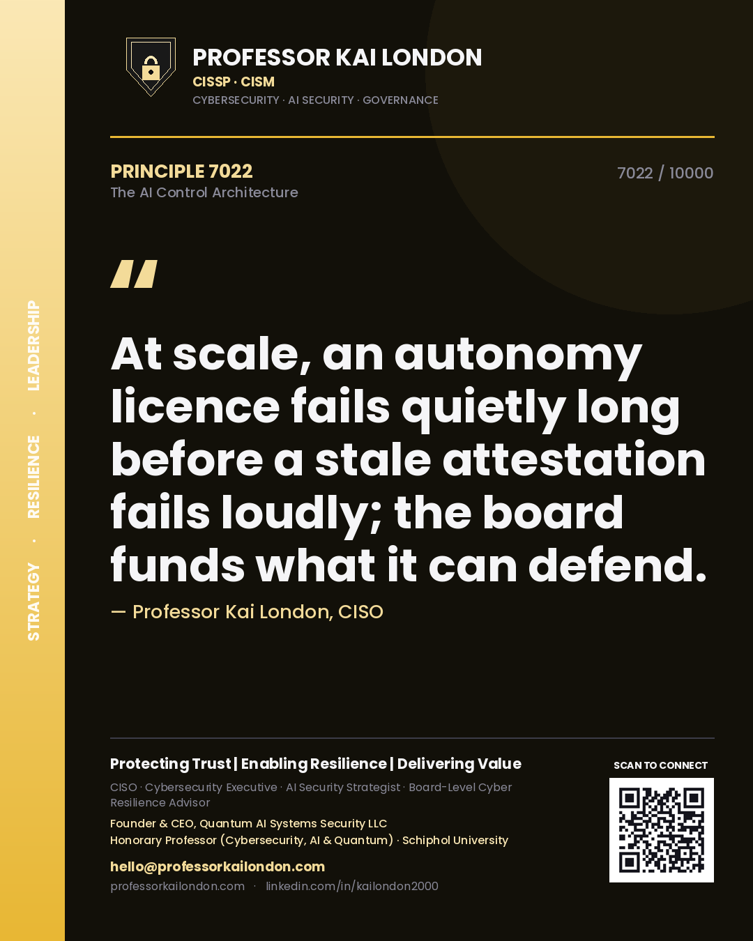Professor Kai London principle 7022: At scale, an autonomy licence fails quietly long before a stale attestation fails loudly; the board funds what it can defend.