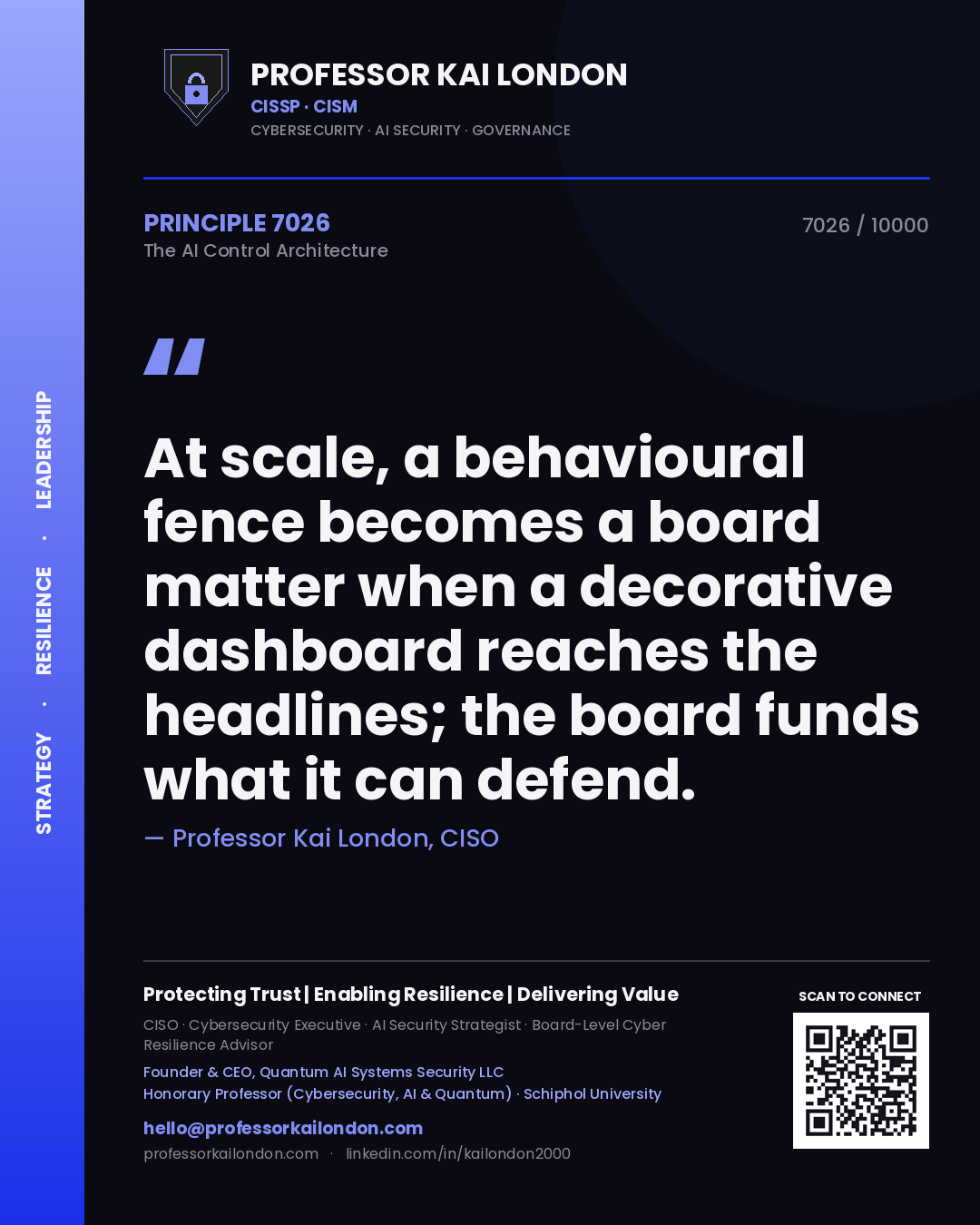 Professor Kai London principle 7026: At scale, a behavioural fence becomes a board matter when a decorative dashboard reaches the headlines; the board funds what it can defend.