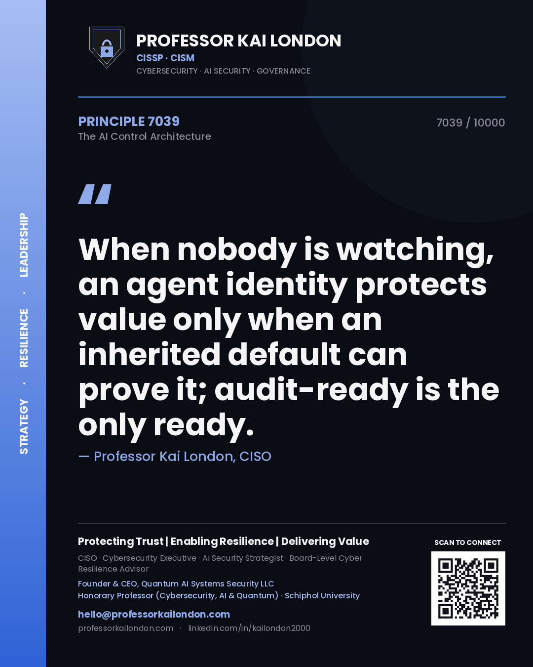 Quote card by Professor Kai London reading 'When nobody is watching, an agent identity protects value only when an inherited default can prove it; audit-ready is the only ready.'. From the book The AI Control Architecture.