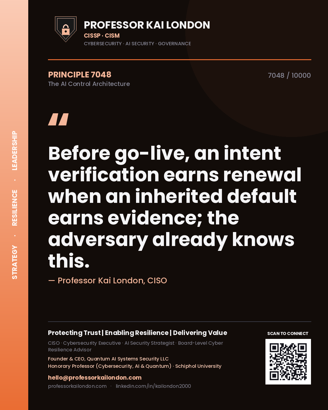 Quote card by Professor Kai London reading 'Before go-live, an intent verification earns renewal when an inherited default earns evidence; the adversary already knows this.'. From the book The AI Control Architecture.