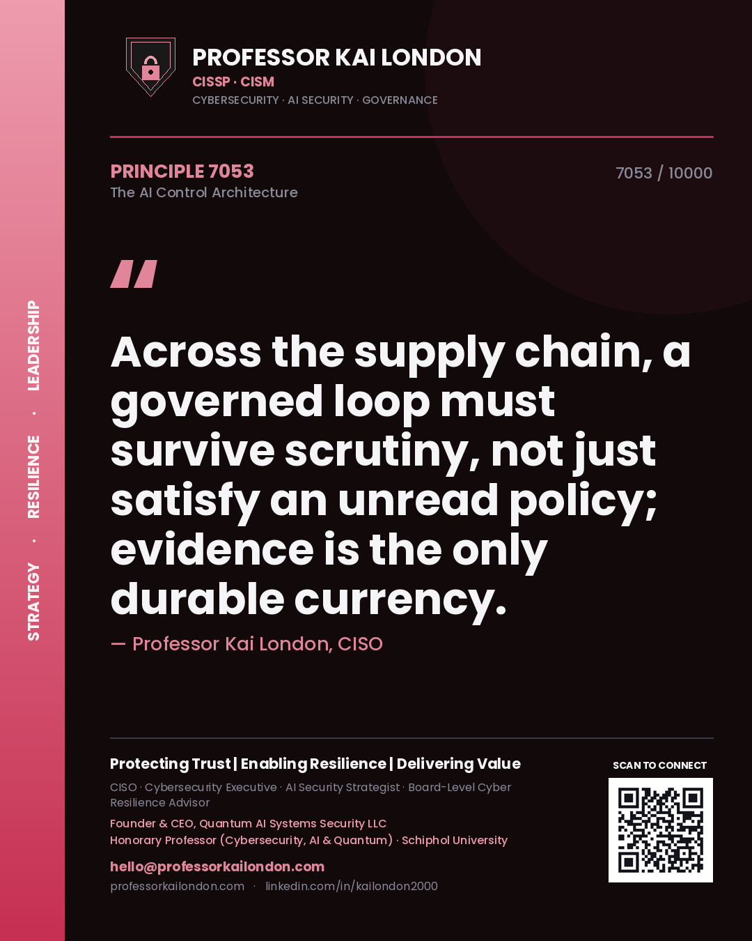 Professor Kai London principle 7053: Across the supply chain, a governed loop must survive scrutiny, not just satisfy an unread policy; evidence is the only durable currency.