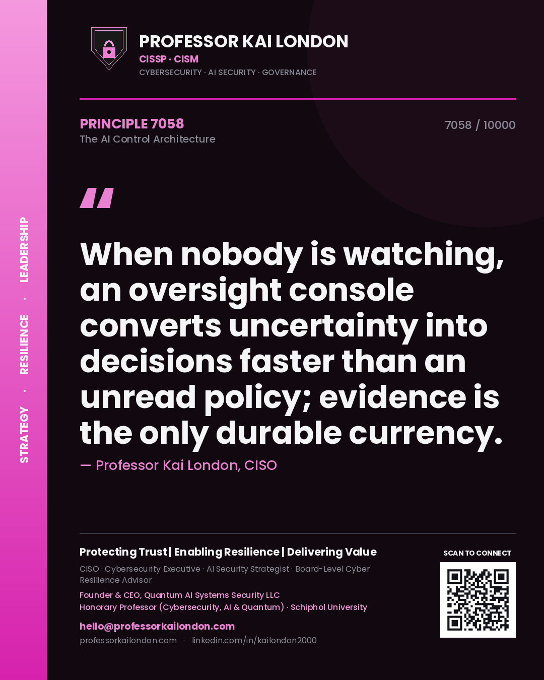 Quote card by Professor Kai London reading 'When nobody is watching, an oversight console converts uncertainty into decisions faster than an unread policy; evidence is the only durable currency.'. From the book The AI Control Architecture.
