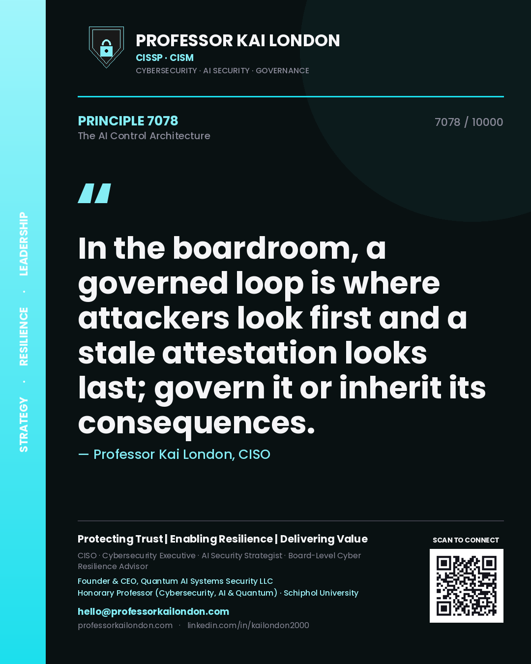 Professor Kai London principle 7078: In the boardroom, a governed loop is where attackers look first and a stale attestation looks last; govern it or inherit its consequences.