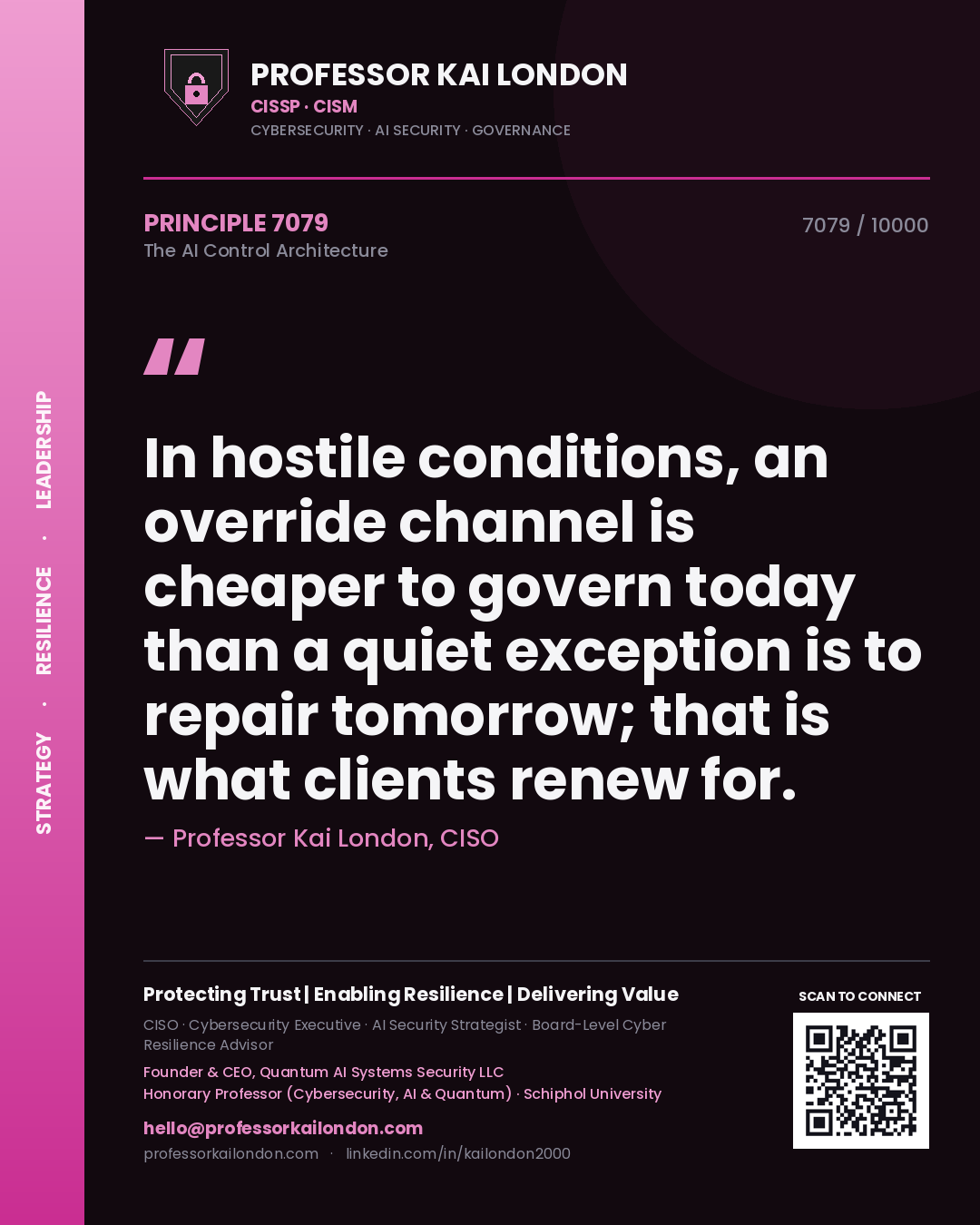 Quote card by Professor Kai London reading 'In hostile conditions, an override channel is cheaper to govern today than a quiet exception is to repair tomorrow; that is what clients renew for.'. From the book The AI Control Architecture.