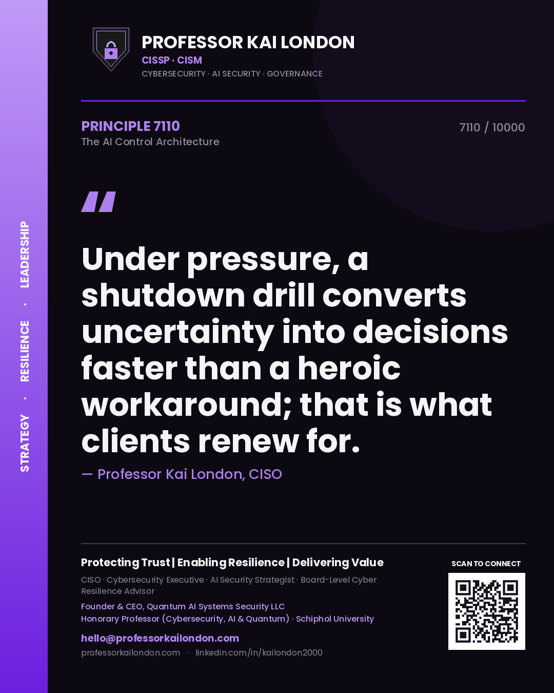 Quote card by Professor Kai London reading 'Under pressure, a shutdown drill converts uncertainty into decisions faster than a heroic workaround; that is what clients renew for.'. From the book The AI Control Architecture.