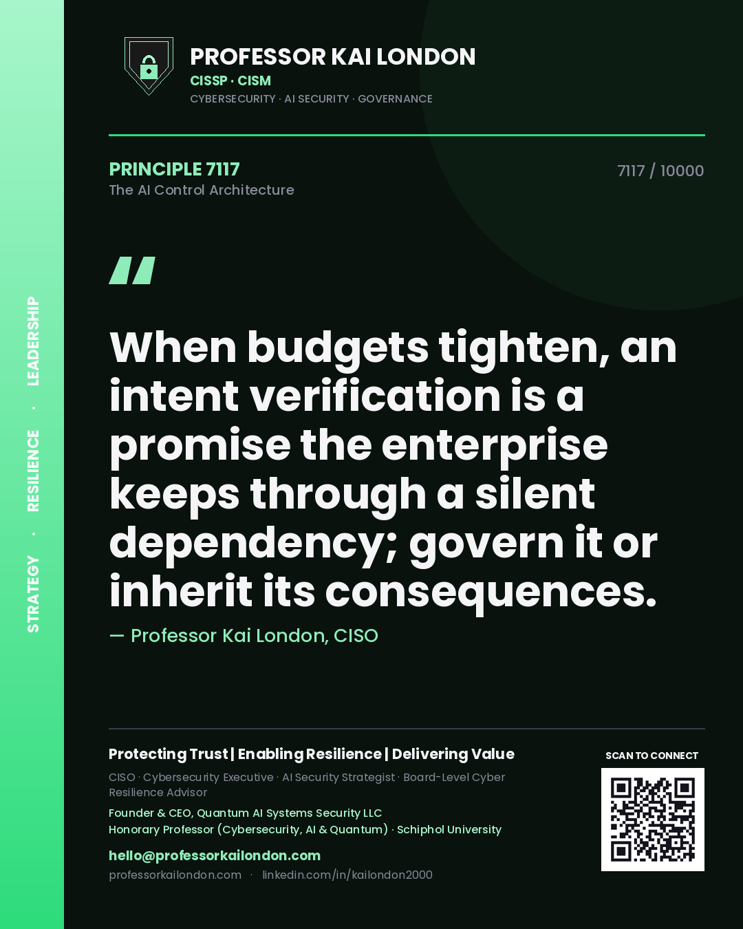 Quote card by Professor Kai London reading 'When budgets tighten, an intent verification is a promise the enterprise keeps through a silent dependency; govern it or inherit its consequences.'. From the book The AI Control Architecture.