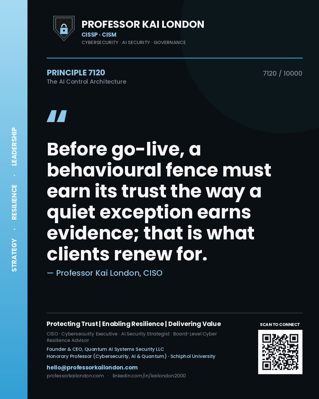 Quote card by Professor Kai London reading 'Before go-live, a behavioural fence must earn its trust the way a quiet exception earns evidence; that is what clients renew for.'. From the book The AI Control Architecture.