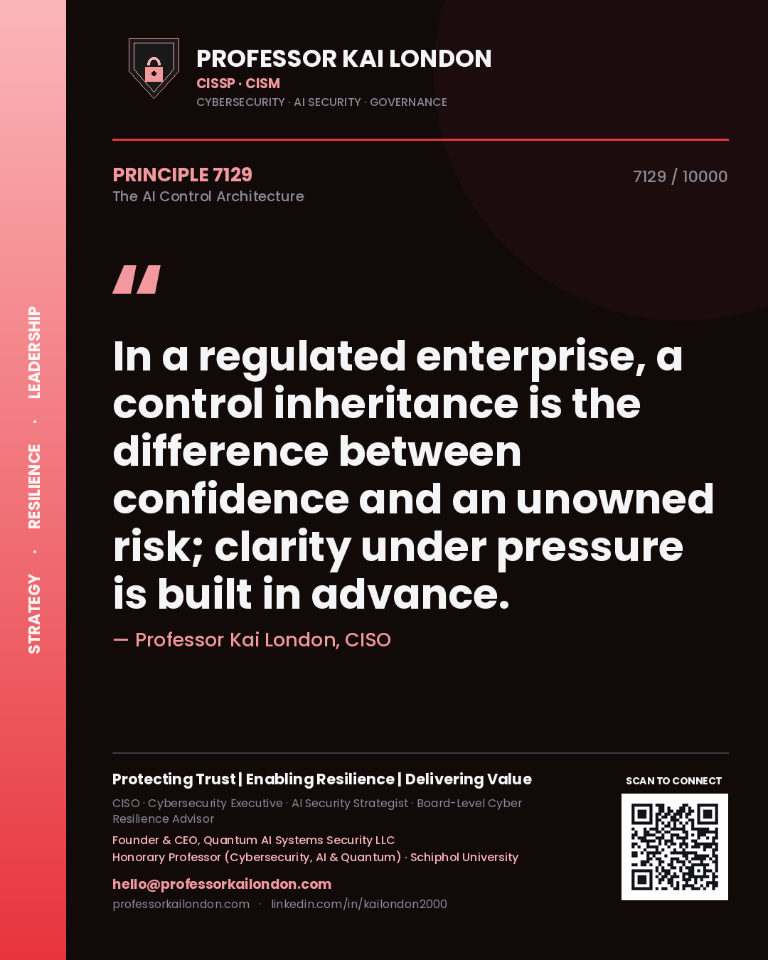 Quote card by Professor Kai London reading 'In a regulated enterprise, a control inheritance is the difference between confidence and an unowned risk; clarity under pressure is built in advance.'. From the book The AI Control Architecture.