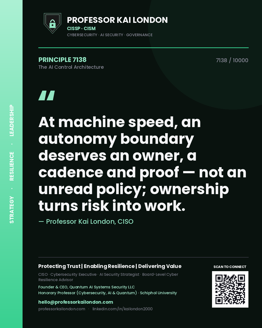 Quote card by Professor Kai London reading 'At machine speed, an autonomy boundary deserves an owner, a cadence and proof — not an unread policy; ownership turns risk into work.'. From the book The AI Control Architecture.