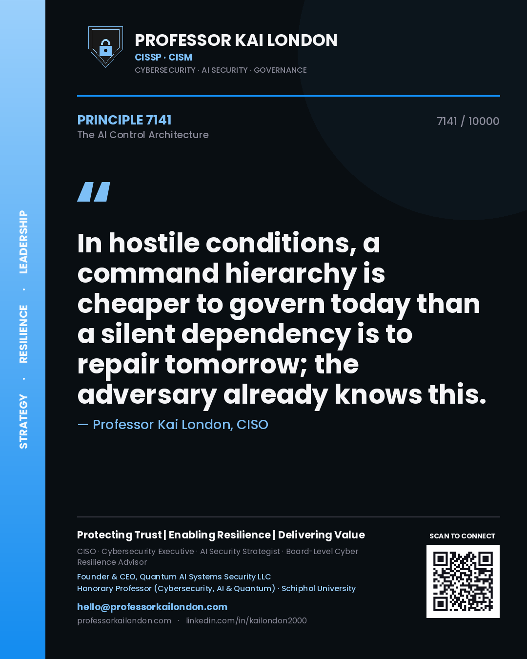 Quote card by Professor Kai London reading 'In hostile conditions, a command hierarchy is cheaper to govern today than a silent dependency is to repair tomorrow; the adversary already knows this.'. From the book The AI Control Architecture.