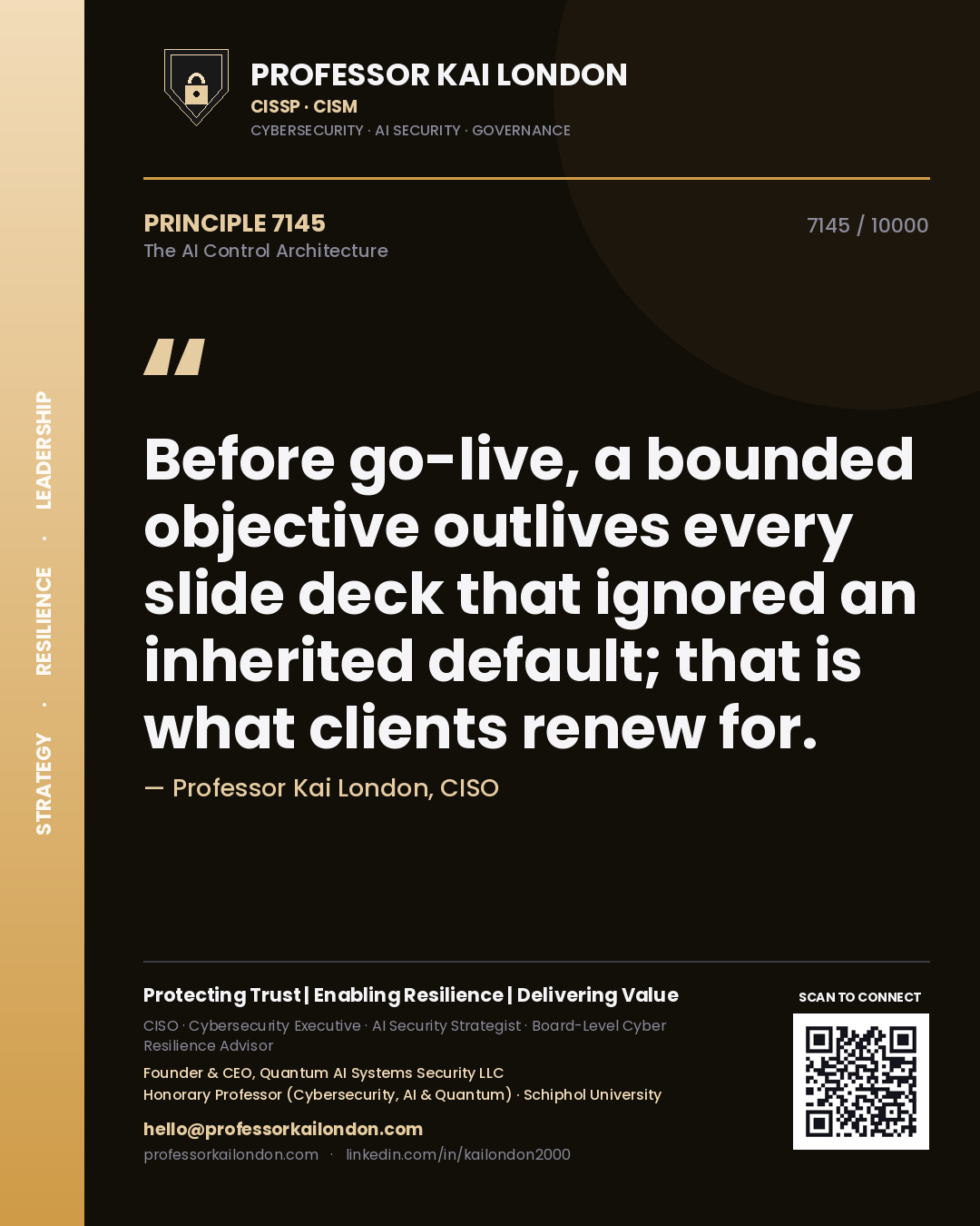 Quote card by Professor Kai London reading 'Before go-live, a bounded objective outlives every slide deck that ignored an inherited default; that is what clients renew for.'. From the book The AI Control Architecture.