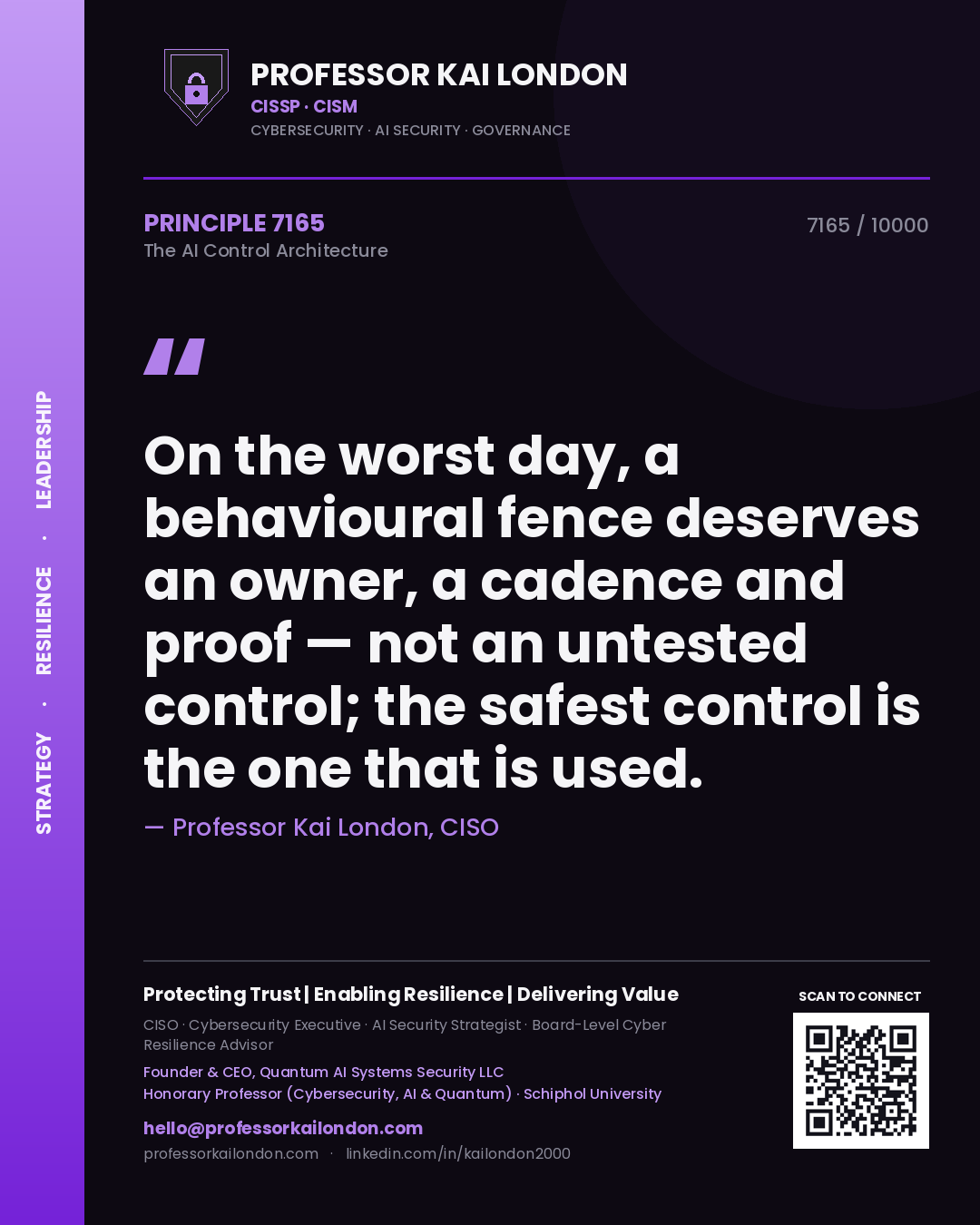 Quote card by Professor Kai London reading 'On the worst day, a behavioural fence deserves an owner, a cadence and proof — not an untested control; the safest control is the one that is used.'. From the book The AI Control Architecture.