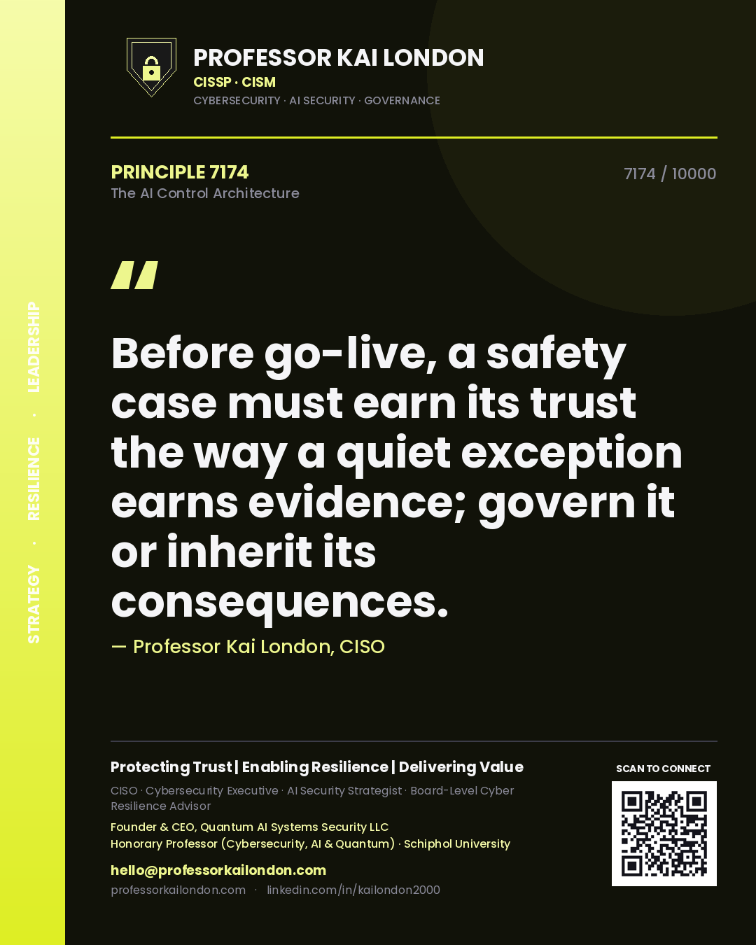 Quote card by Professor Kai London reading 'Before go-live, a safety case must earn its trust the way a quiet exception earns evidence; govern it or inherit its consequences.'. From the book The AI Control Architecture.