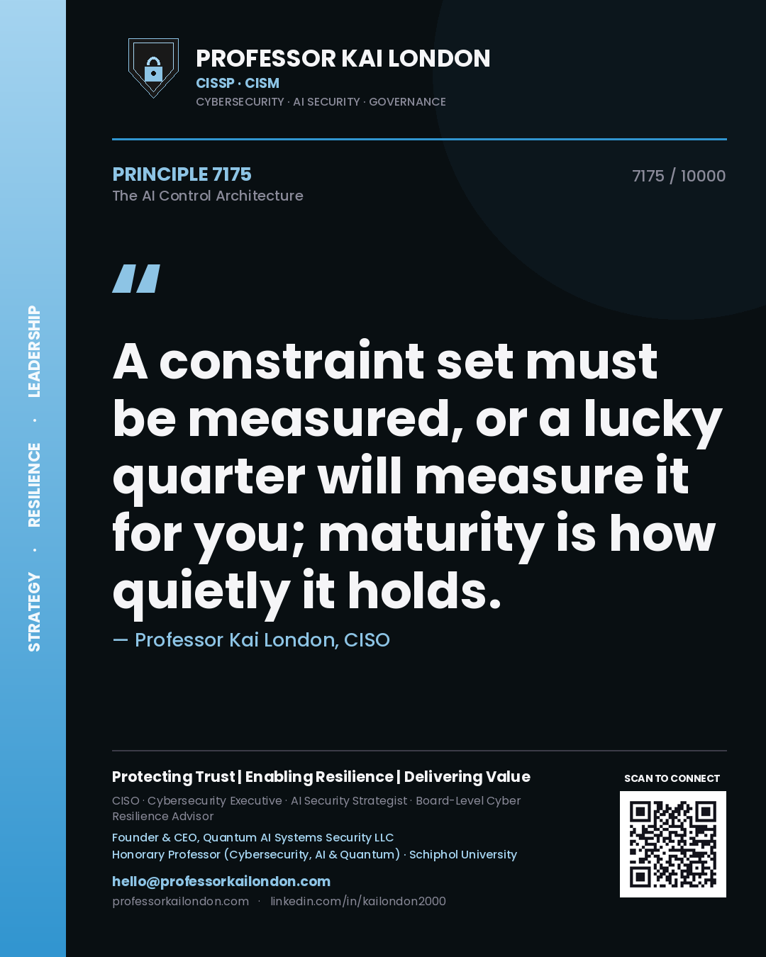Quote card by Professor Kai London reading 'A constraint set must be measured, or a lucky quarter will measure it for you; maturity is how quietly it holds.'. From the book The AI Control Architecture.