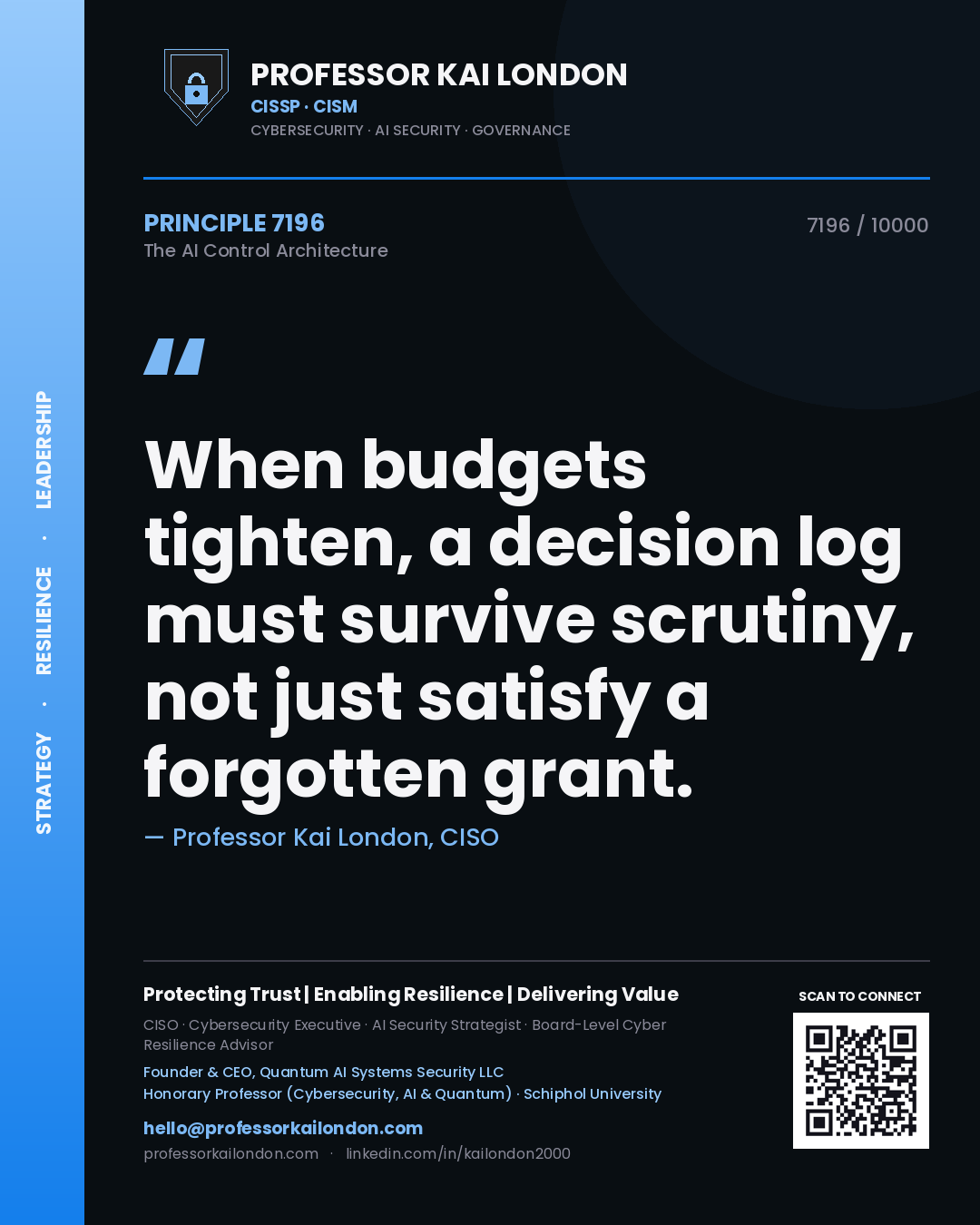 Quote card by Professor Kai London reading 'When budgets tighten, a decision log must survive scrutiny, not just satisfy a forgotten grant.'. From the book The AI Control Architecture.