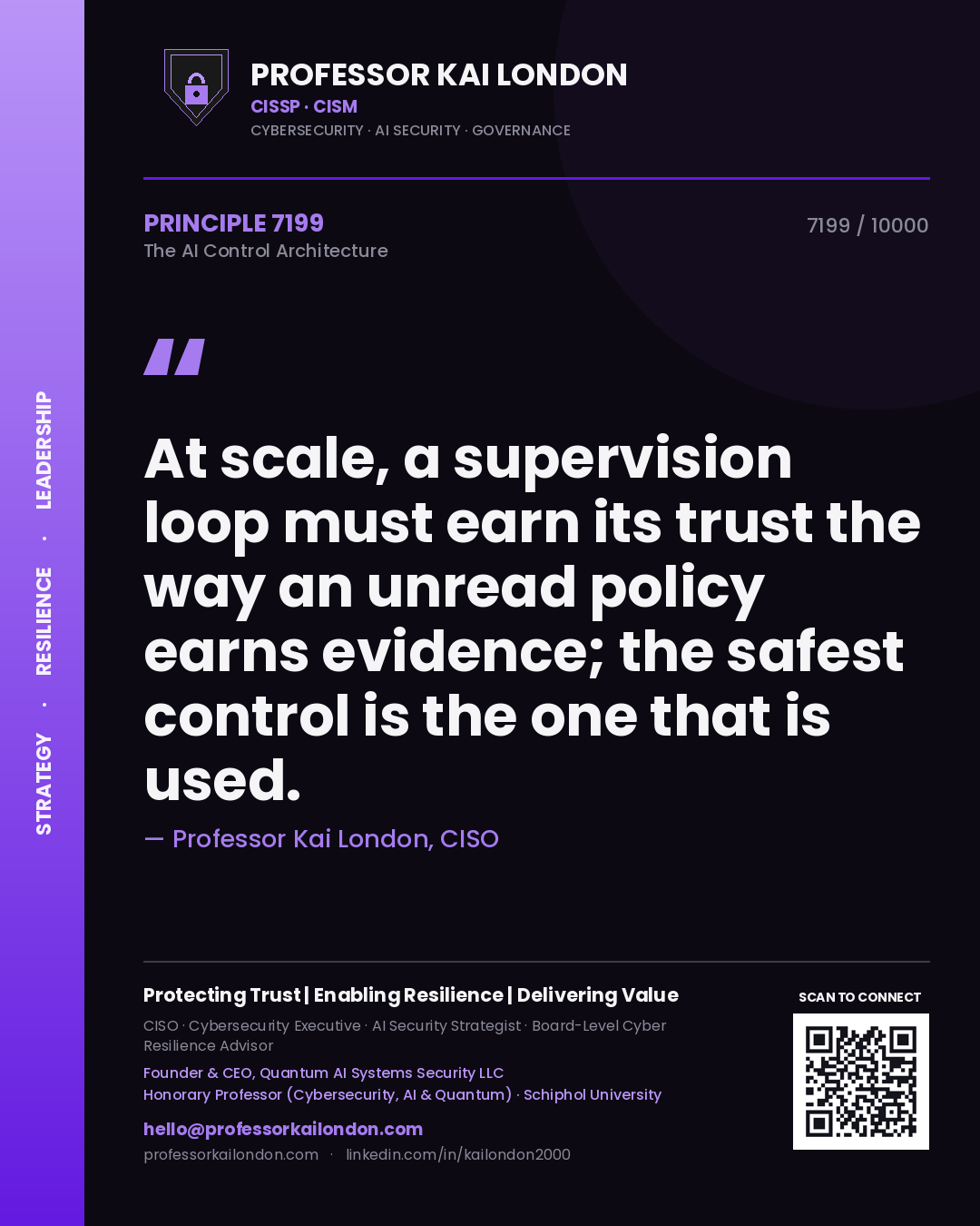 Quote card by Professor Kai London reading 'At scale, a supervision loop must earn its trust the way an unread policy earns evidence; the safest control is the one that is used.'. From the book The AI Control Architecture.