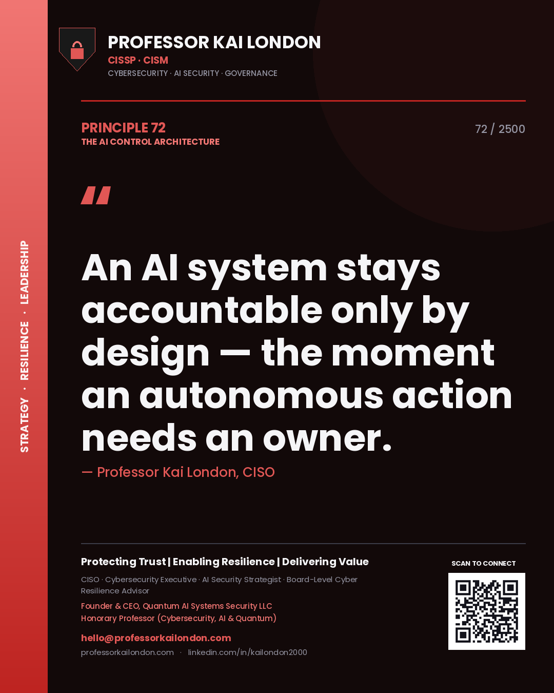 Quote card by Professor Kai London reading 'An AI system stays accountable only by design — the moment an autonomous action needs an owner.'. From the book The AI Control Architecture.
