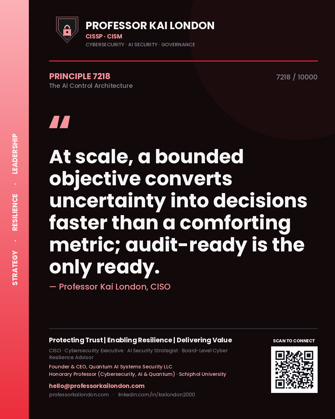 Quote card by Professor Kai London reading 'At scale, a bounded objective converts uncertainty into decisions faster than a comforting metric; audit-ready is the only ready.'. From the book The AI Control Architecture.