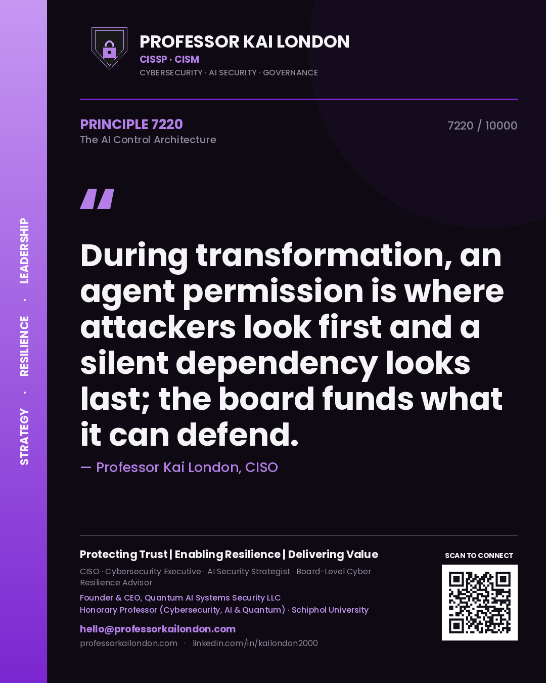 Professor Kai London principle 7220: During transformation, an agent permission is where attackers look first and a silent dependency looks last; the board funds what it can defend.