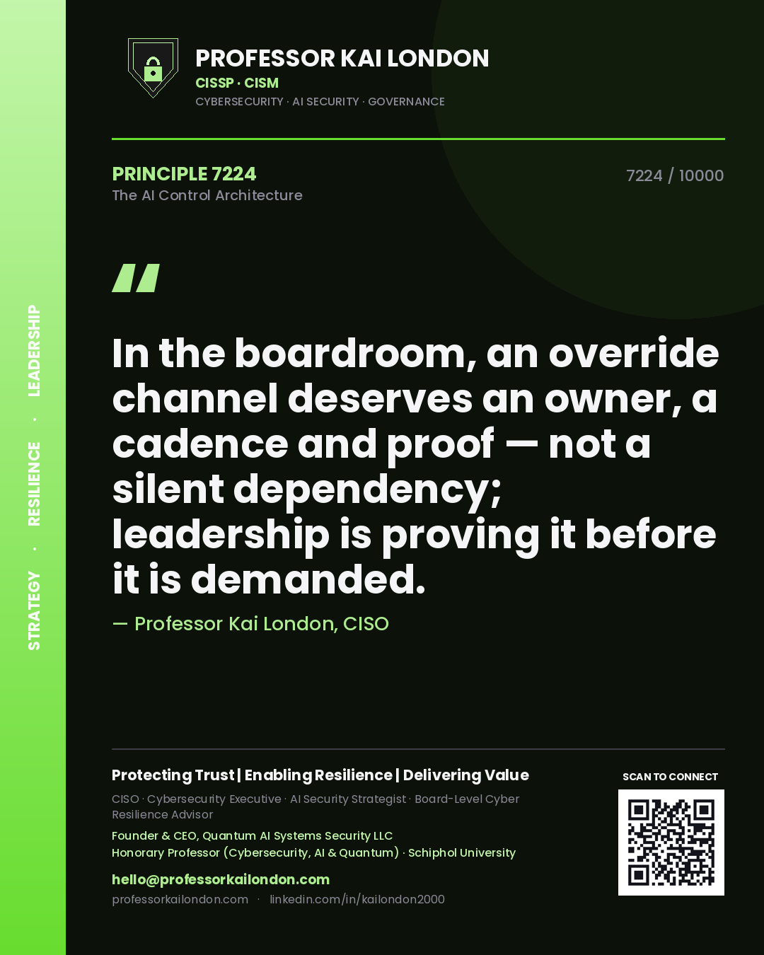 Professor Kai London principle 7224: In the boardroom, an override channel deserves an owner, a cadence and proof — not a silent dependency; leadership is proving it before it is demanded.