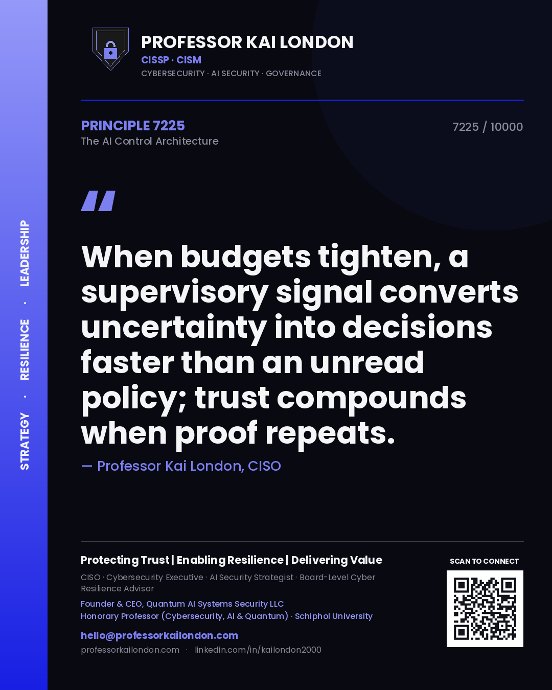 Quote card by Professor Kai London reading 'When budgets tighten, a supervisory signal converts uncertainty into decisions faster than an unread policy; trust compounds when proof repeats.'. From the book The AI Control Architecture.