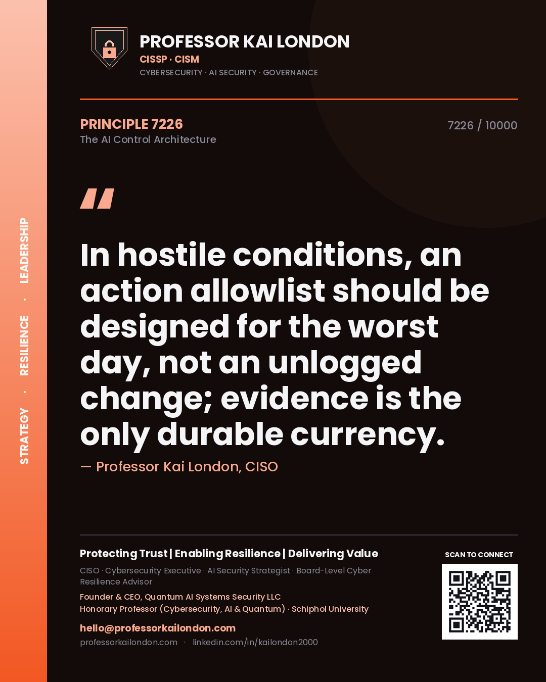 Quote card by Professor Kai London reading 'In hostile conditions, an action allowlist should be designed for the worst day, not an unlogged change; evidence is the only durable currency.'. From the book The AI Control Architecture.