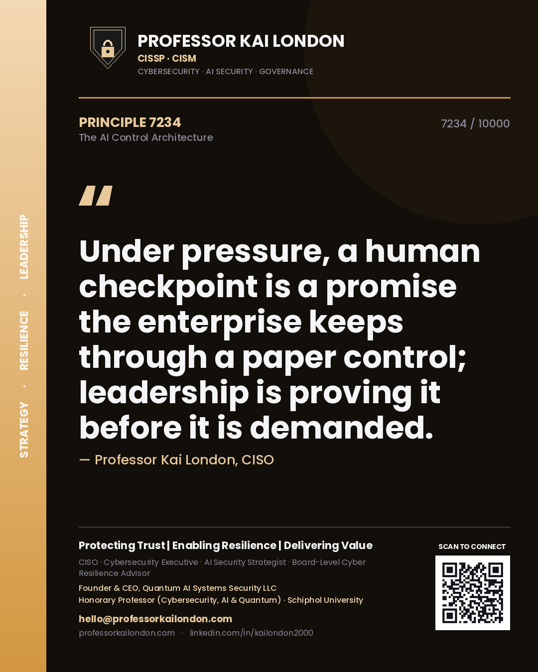 Quote card by Professor Kai London reading 'Under pressure, a human checkpoint is a promise the enterprise keeps through a paper control; leadership is proving it before it is demanded.'. From the book The AI Control Architecture.
