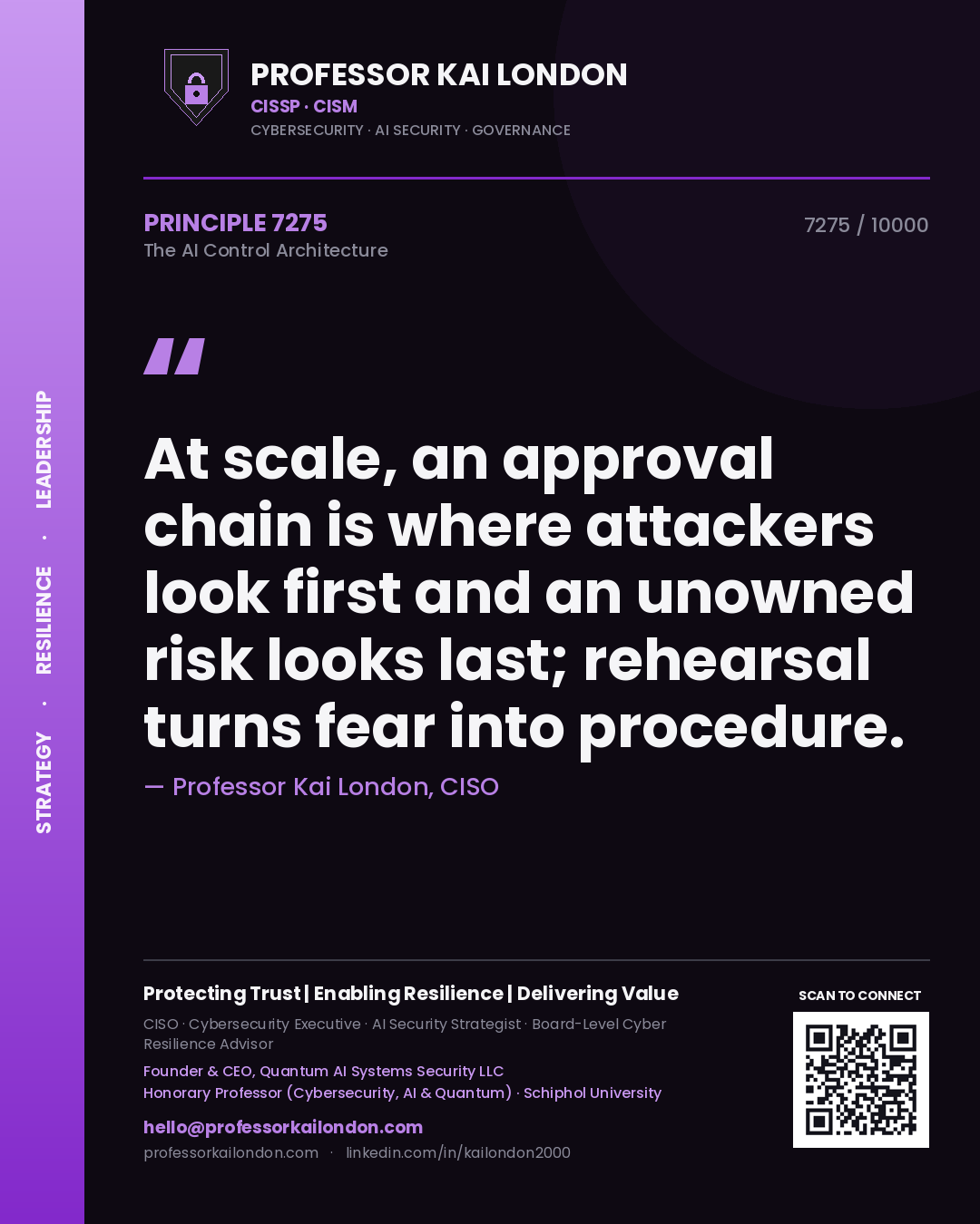 Professor Kai London principle 7275: At scale, an approval chain is where attackers look first and an unowned risk looks last; rehearsal turns fear into procedure.