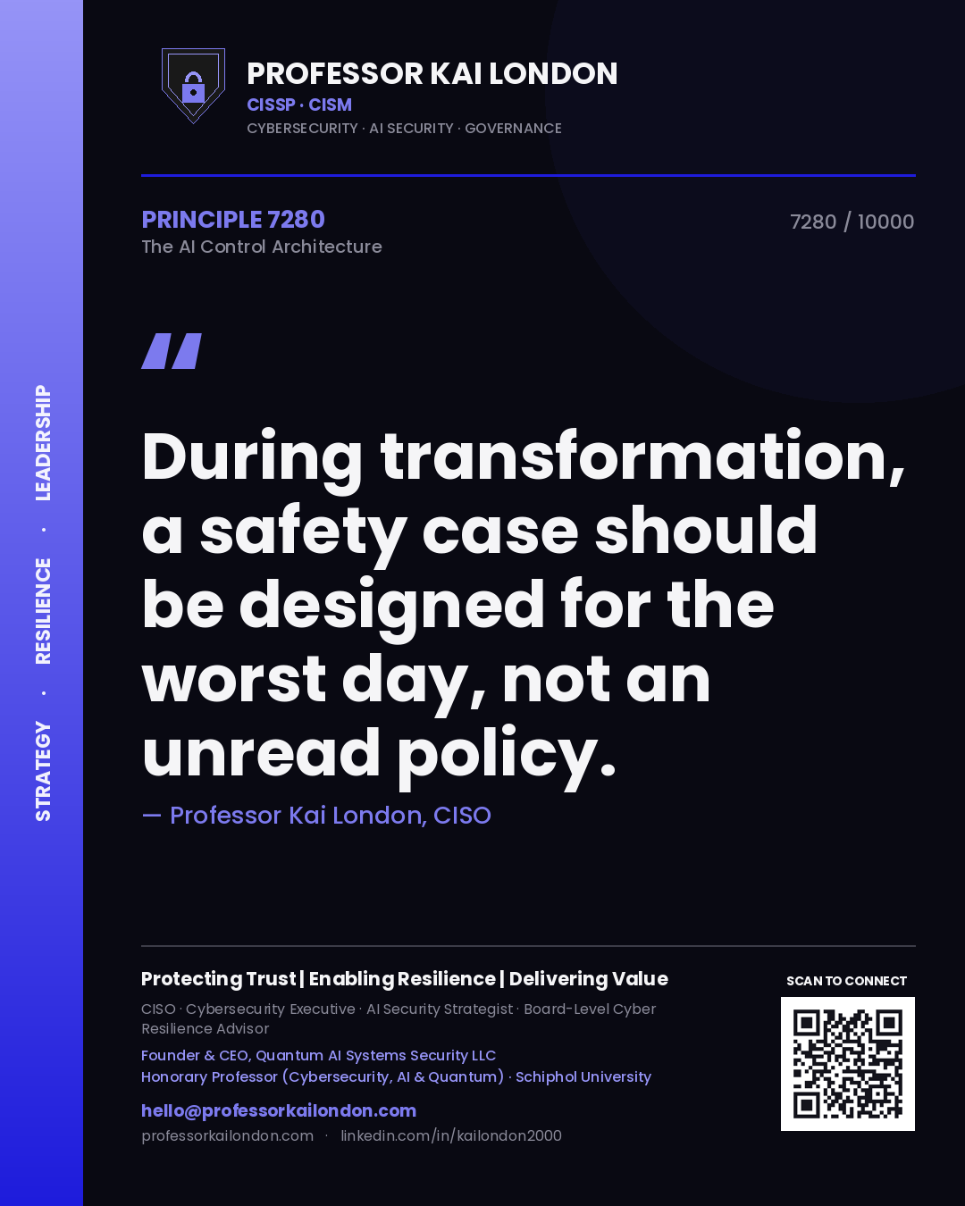 Quote card by Professor Kai London reading 'During transformation, a safety case should be designed for the worst day, not an unread policy.'. From the book The AI Control Architecture.