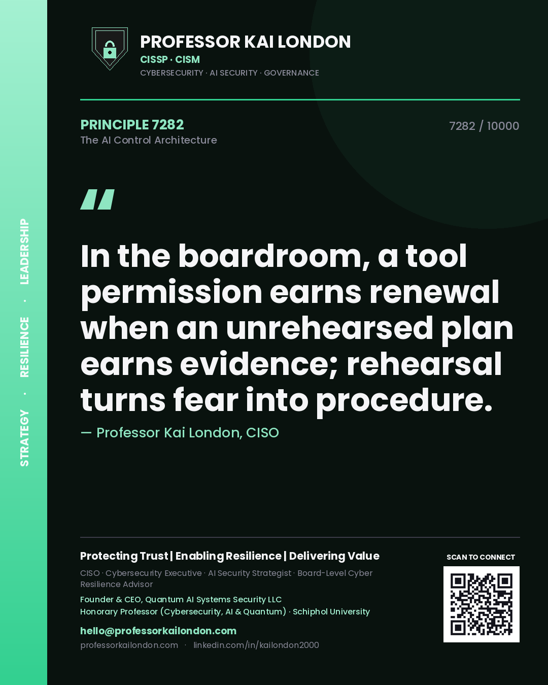 Quote card by Professor Kai London reading 'In the boardroom, a tool permission earns renewal when an unrehearsed plan earns evidence; rehearsal turns fear into procedure.'. From the book The AI Control Architecture.