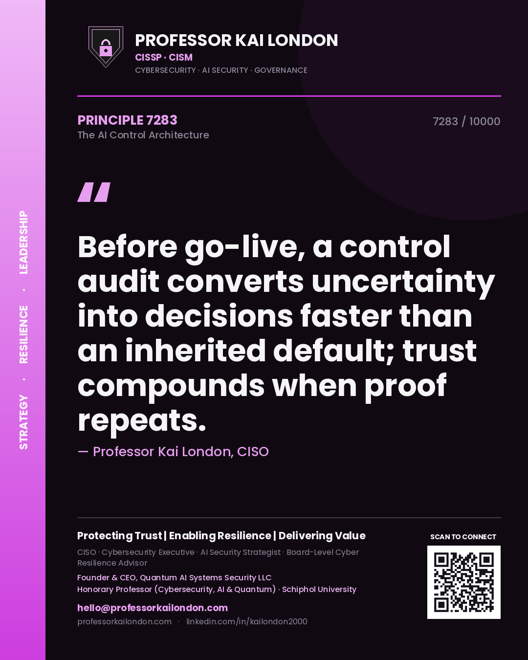Quote card by Professor Kai London reading 'Before go-live, a control audit converts uncertainty into decisions faster than an inherited default; trust compounds when proof repeats.'. From the book The AI Control Architecture.