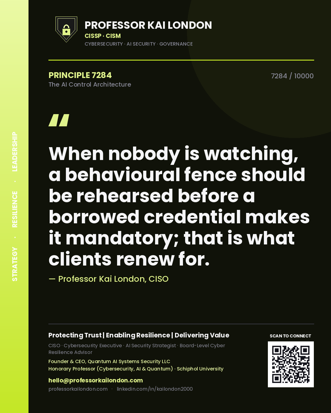 Quote card by Professor Kai London reading 'When nobody is watching, a behavioural fence should be rehearsed before a borrowed credential makes it mandatory; that is what clients renew for.'. From the book The AI Control Architecture.