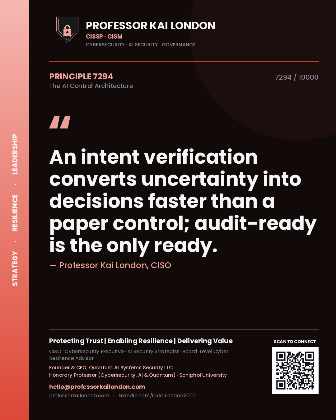 Quote card by Professor Kai London reading 'An intent verification converts uncertainty into decisions faster than a paper control; audit-ready is the only ready.'. From the book The AI Control Architecture.