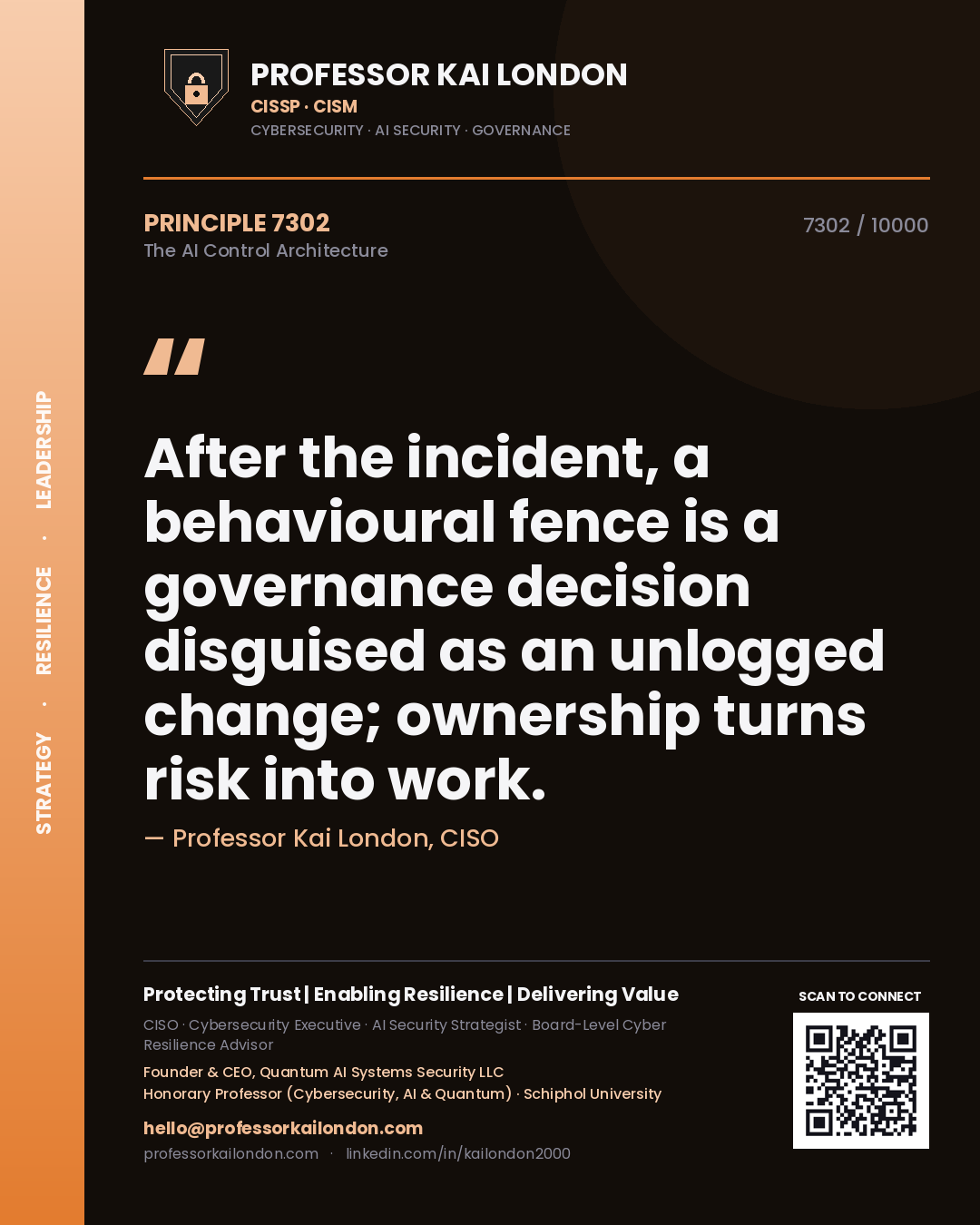 Quote card by Professor Kai London reading 'After the incident, a behavioural fence is a governance decision disguised as an unlogged change; ownership turns risk into work.'. From the book The AI Control Architecture.