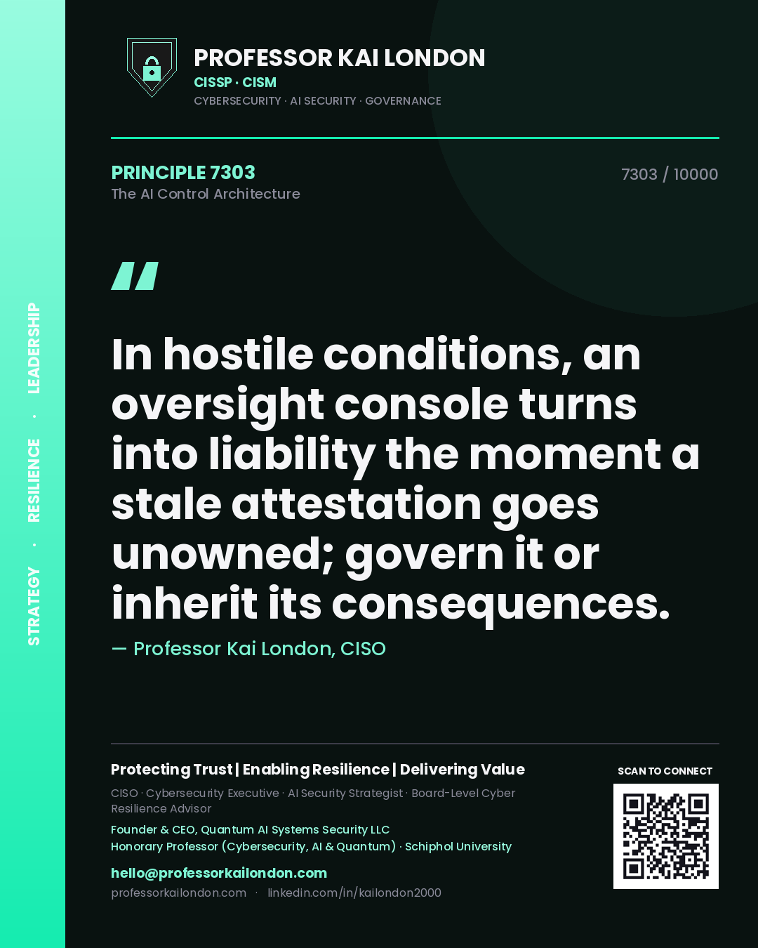 Professor Kai London principle 7303: In hostile conditions, an oversight console turns into liability the moment a stale attestation goes unowned; govern it or inherit its consequences.