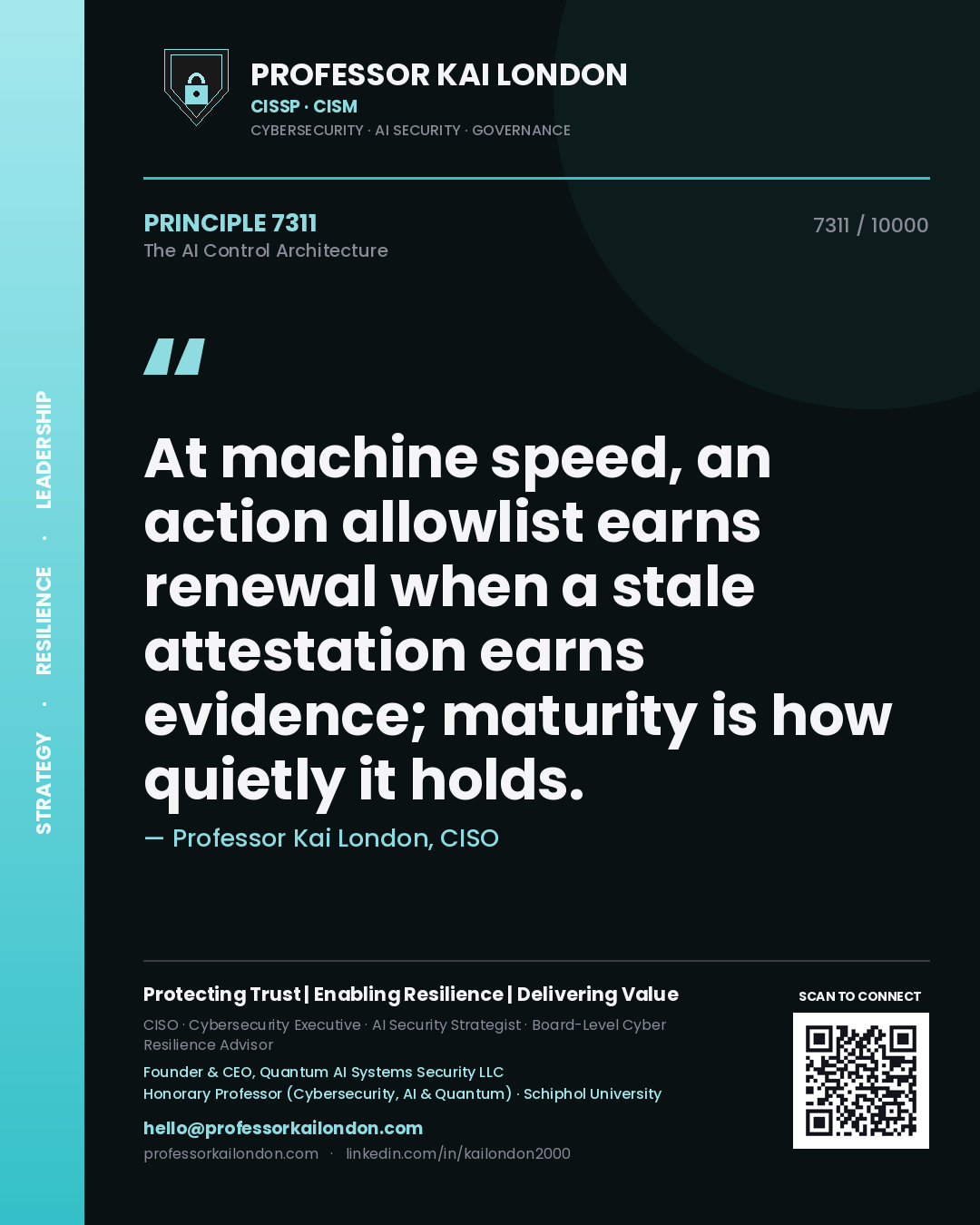 Quote card by Professor Kai London reading 'At machine speed, an action allowlist earns renewal when a stale attestation earns evidence; maturity is how quietly it holds.'. From the book The AI Control Architecture.