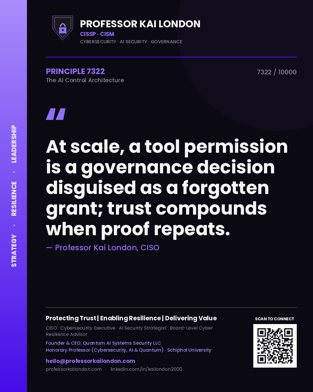 Quote card by Professor Kai London reading 'At scale, a tool permission is a governance decision disguised as a forgotten grant; trust compounds when proof repeats.'. From the book The AI Control Architecture.