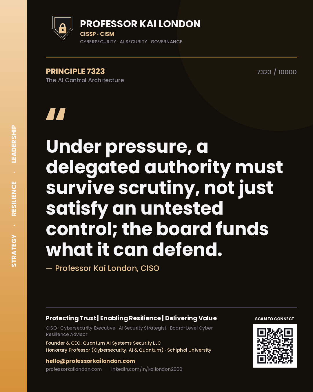 Quote card by Professor Kai London reading 'Under pressure, a delegated authority must survive scrutiny, not just satisfy an untested control; the board funds what it can defend.'. From the book The AI Control Architecture.