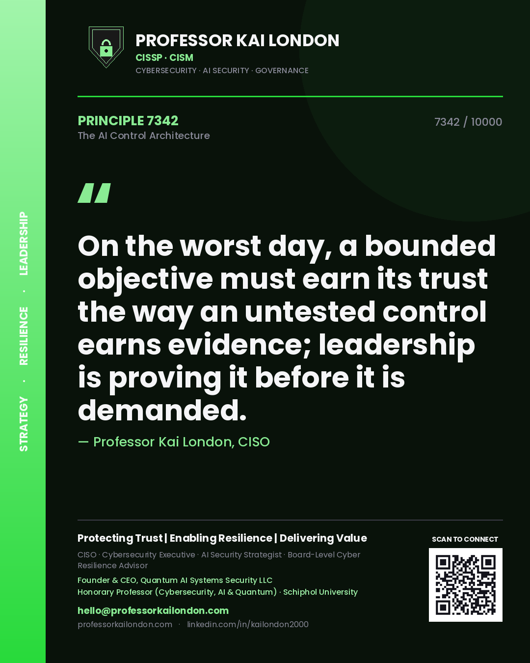 Quote card by Professor Kai London reading 'On the worst day, a bounded objective must earn its trust the way an untested control earns evidence; leadership is proving it before it is demanded.'. From the book The AI Control Architecture.