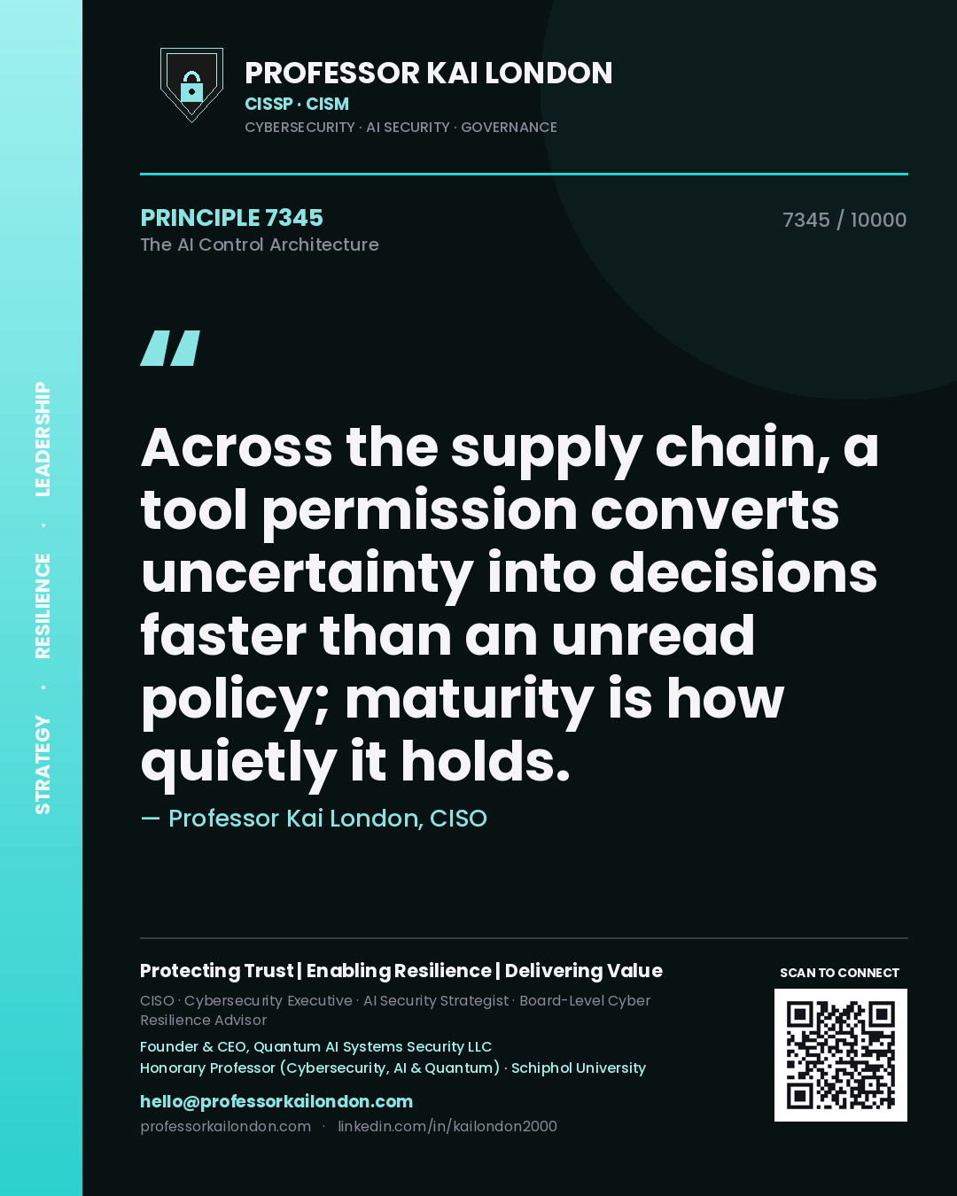 Quote card by Professor Kai London reading 'Across the supply chain, a tool permission converts uncertainty into decisions faster than an unread policy; maturity is how quietly it holds.'. From the book The AI Control Architecture.