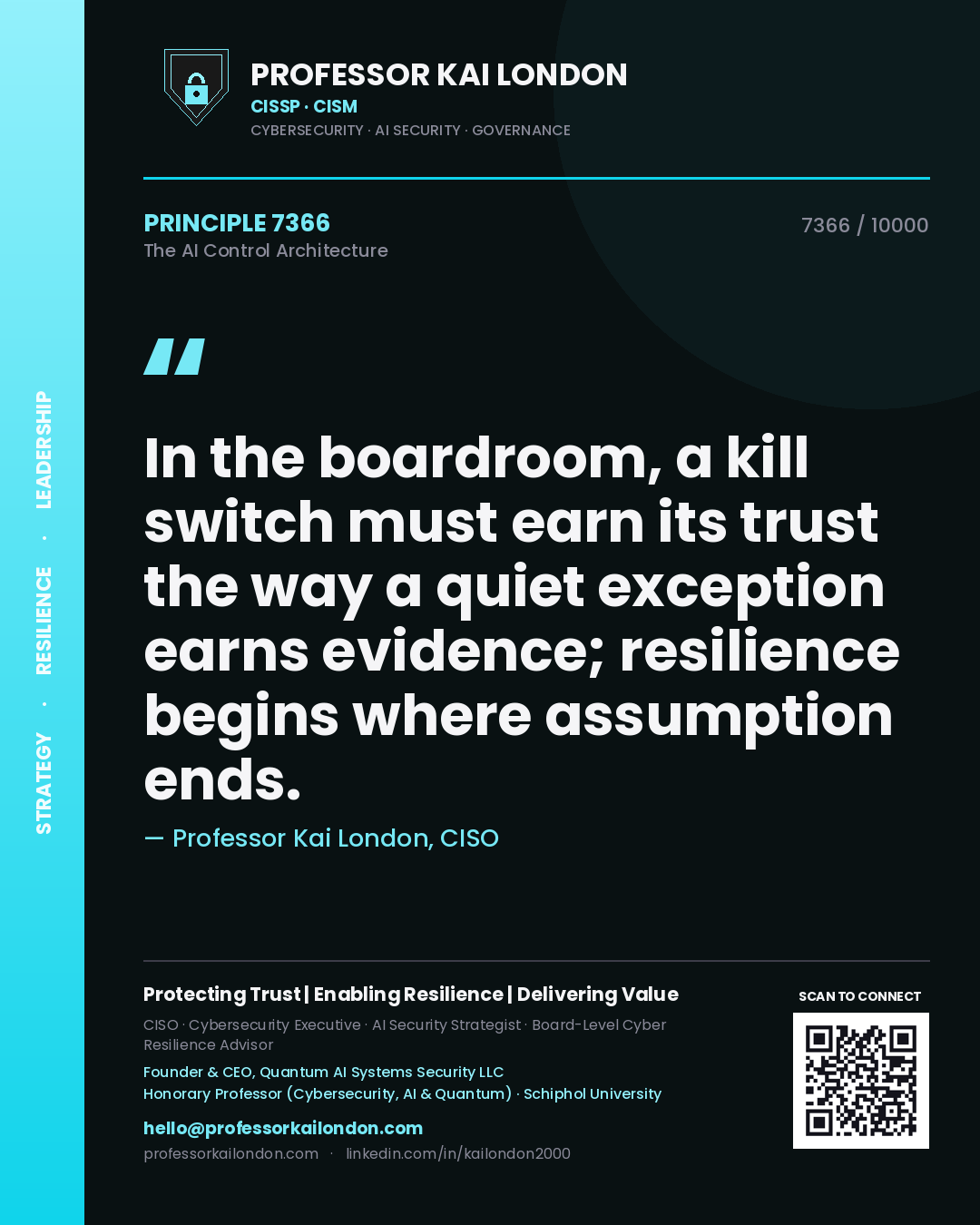 Quote card by Professor Kai London reading 'In the boardroom, a kill switch must earn its trust the way a quiet exception earns evidence; resilience begins where assumption ends.'. From the book The AI Control Architecture.