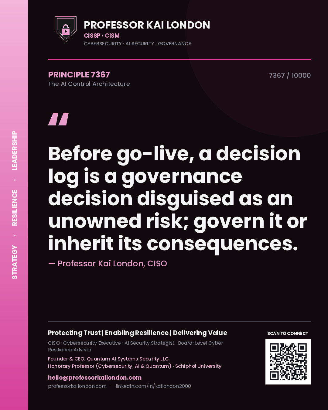 Quote card by Professor Kai London reading 'Before go-live, a decision log is a governance decision disguised as an unowned risk; govern it or inherit its consequences.'. From the book The AI Control Architecture.
