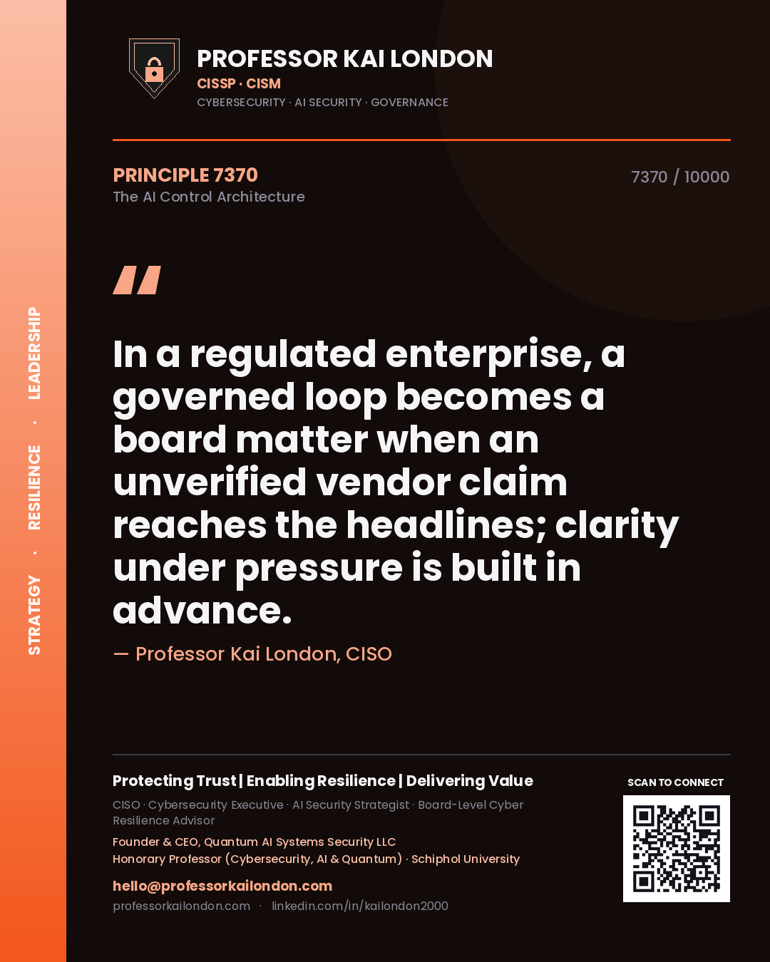 Professor Kai London principle 7370: In a regulated enterprise, a governed loop becomes a board matter when an unverified vendor claim reaches the headlines; clarity under pressure is built in advance.