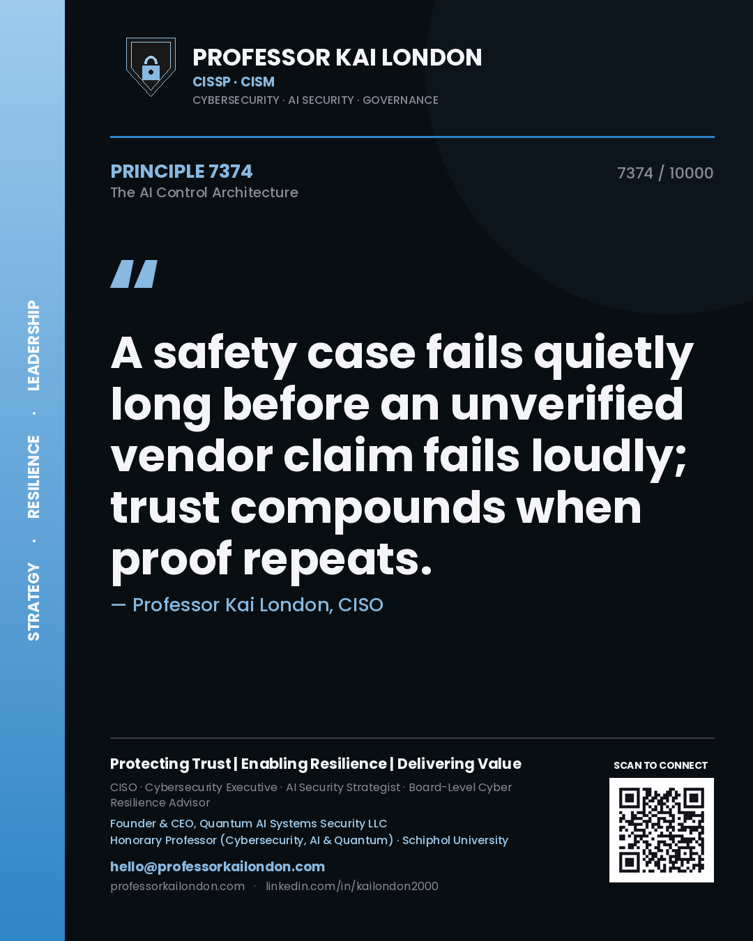 Quote card by Professor Kai London reading 'A safety case fails quietly long before an unverified vendor claim fails loudly; trust compounds when proof repeats.'. From the book The AI Control Architecture.
